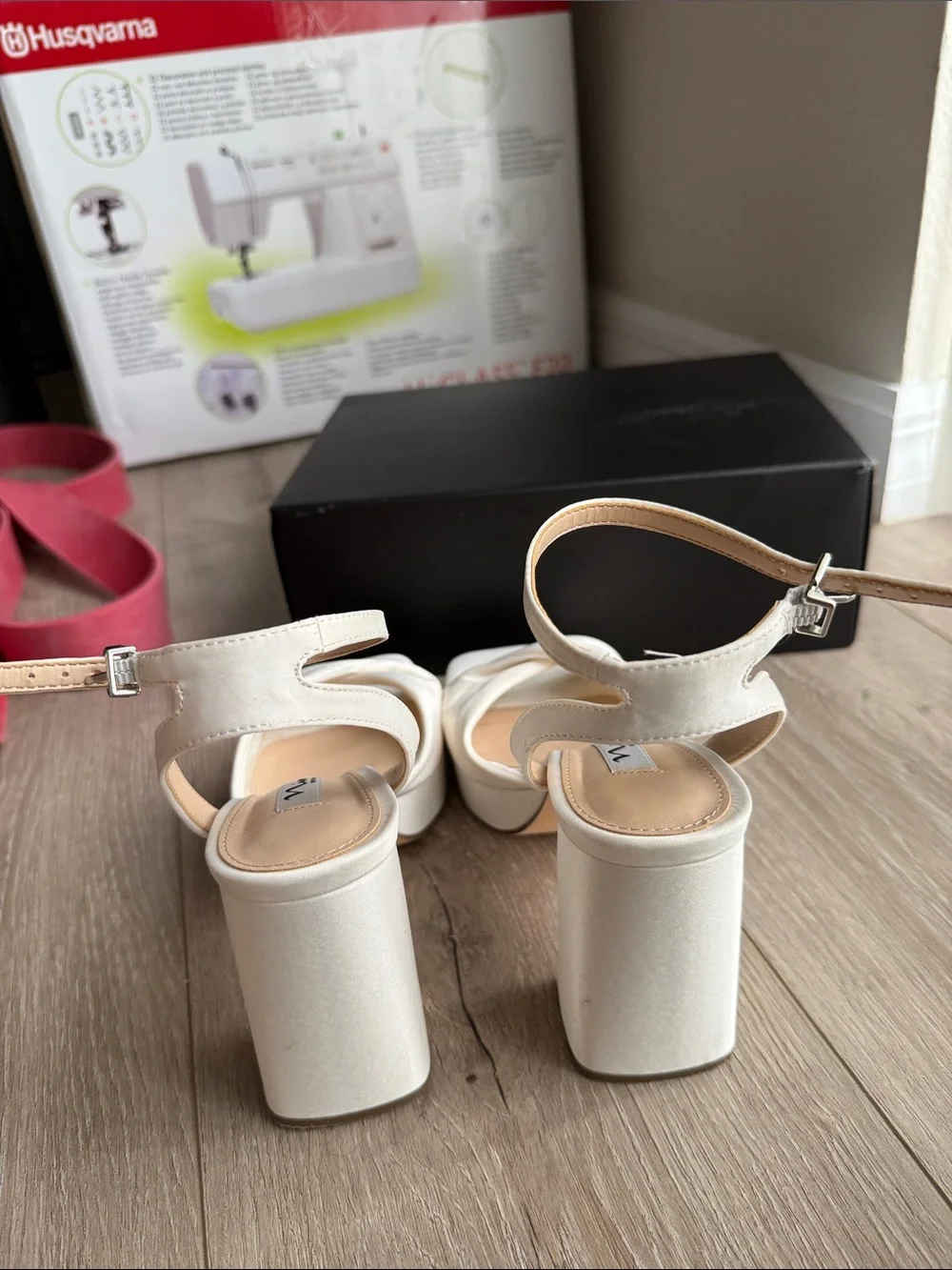 Nina White Platform Ankle-Strap Block Heels